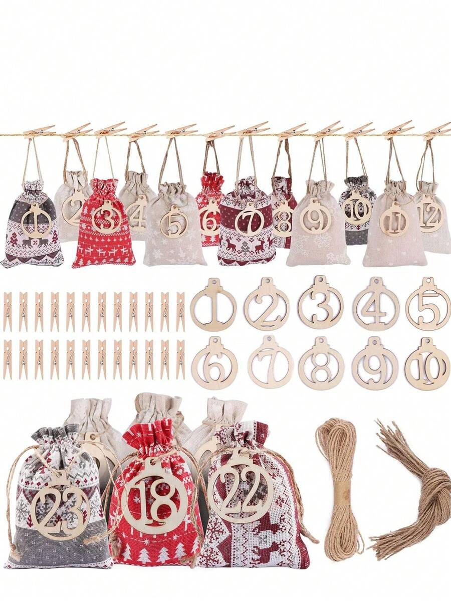 Bolsa calendario de llegada navideña, calendario de cuenta regresiva de 24 días, bolsa de lino grueso, bolsa con cordón, adecuada para que los adultos la decoren como manualidad, decoración del hogar, decoraciones navideñas, decoración de habitación, decoraciones navideñas de invierno, regalos navideños, decoración navideña
