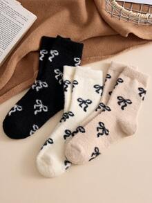 2/4 Paar Damen Plüsch Winter Socken mit Schleifen Muster, Kniestrümpfe, Weihnachtsgeschenk, dick, weich, flauschig, warm und bequem, zufällige Farben, geeignet für den täglichen Gebrauch und Ausflüge, gemütliche Socken - Verschiedenfarbig - Übersicht 6