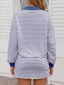Fisoew Women's Striped Sweatshirt & Skirt Set Casual Long Sleeve Lounge Outfit Matching Workout Coords Summer Y2K Aesthetic Tennis Skort Comfy Two Piece - 深藍色 - 查看 5