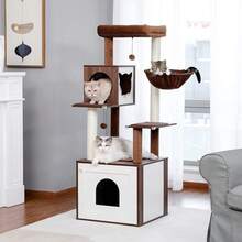 2025 New Arrival:PAWZ Road Moderner Katzenbaum Holz Katzenturm  Aufbewahrungsrank Katzentoilette Gehege und geräumiger Katzenhütte Große obere Sitzstange und Hängematte BeigeL
