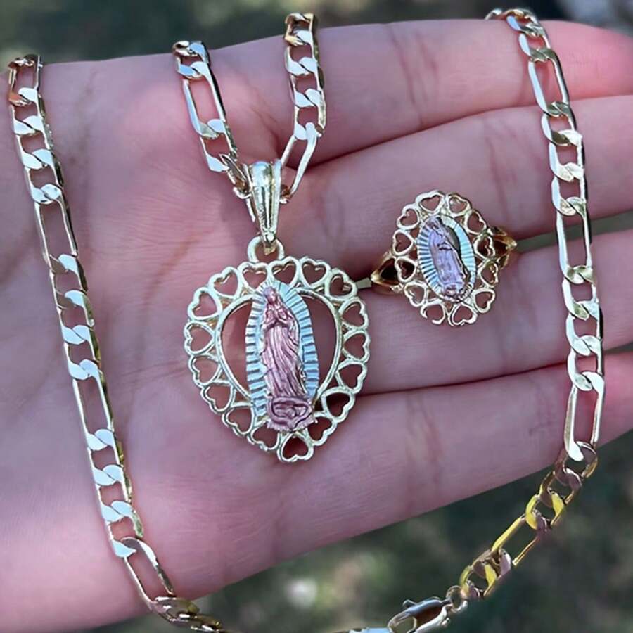 2 件套瓜达卢佩圣母项链戒指套装个性化毛衣链复古吊坠项链服装配饰完美节日礼物