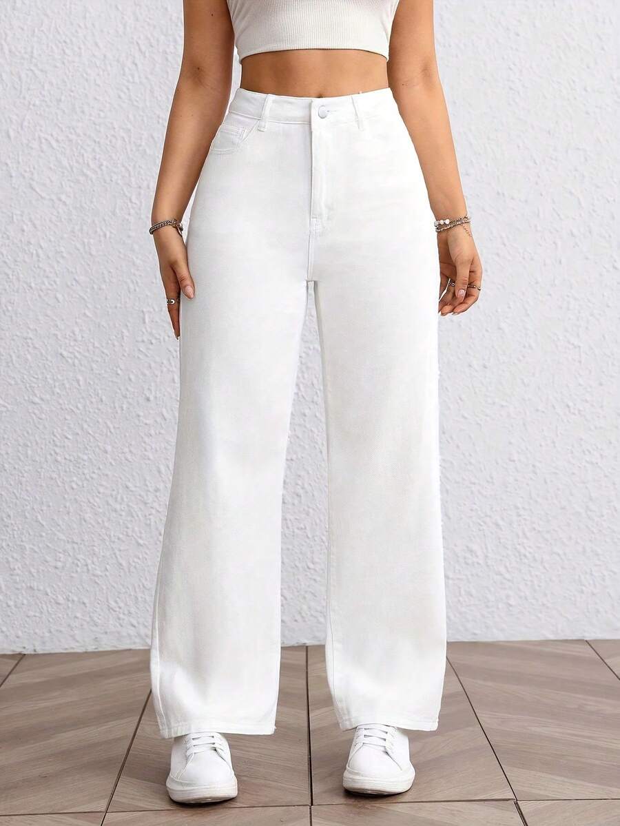 Women's Plus Size White High Waisted Straight Leg Wide Leg Jeans Machine Washable Casual Versatile European And American Style Pants - 白色 - 查看 1