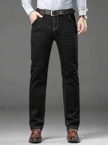 Men's Stretch Slim Straight Leg Business Casual Jeans, Slant Pocket Design, Versatile For Daily Wear - Black - View 2