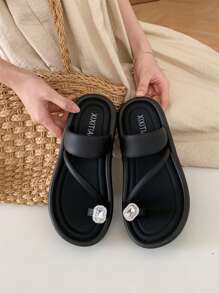 XIXITIAO Women's Outdoor Soft Bottom Square Rhinestone Decor Flip Flops, Beach Sandals, Non-Slip, Versatile Solid Color Thong Sandals. French Minimalist Style Flat Square Toe, Lightweight Comfortable Casual Home Slippers, Suitable For Beach/Outdoor/Slippers - Black Baguette Clip Toe - View 2