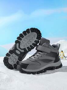Children's Outdoor Hiking Shoes, Waterproof Leather Upper, Non-Slip Durable Running Shoes, Adjustable Hook And Loop, Warm For Winter
