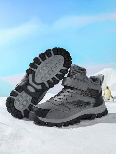 Children's Outdoor Hiking Shoes, Waterproof Leather Upper, Non-Slip Durable Running Shoes, Adjustable Hook And Loop, Warm For Winter
