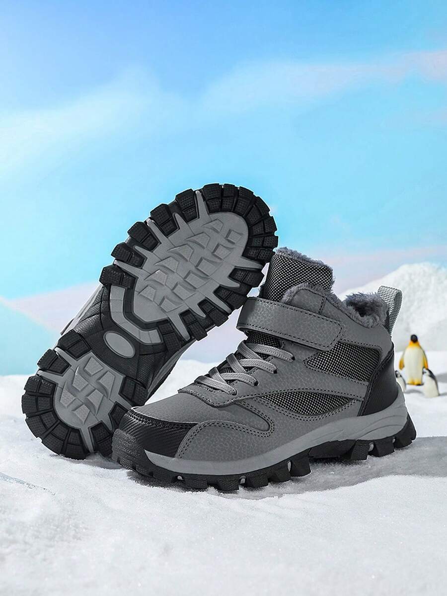 Children's Outdoor Hiking Shoes, Waterproof Leather Upper, Non-Slip Durable Running Shoes, Adjustable Hook And Loop, Warm For Winter