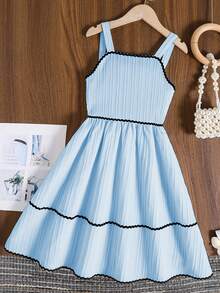 Girls' Sleeveless Camisole Dress, Casual Sweet Apricot Patchwork Black Lace Strap Dress, Summer Vacation A-Line Dress - Blue - View 1