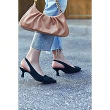 Women's Slingback Kitten Heels Pointed Toe Closed Low Heel Dress Pumps Comfortable Office Party Shoes - 黑色 - 查看 3