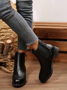 Elastic Rivet Decor Ankle Boots, Solid Color Casual Comfortable Chunky Heel Short Boots, Comfortable Wear, Suitable For Autumn/Winter Teenagers