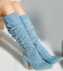 Nuevas botas altas de montar de tacón grueso con punta puntiaguda y cremallera lateral, versátiles para mujer, de moda europea y americana, para otoño/invierno colores únicos  Cowboy    Cremallera lateral    comodas  primavera,verano,otoño - Azul - Ver 1