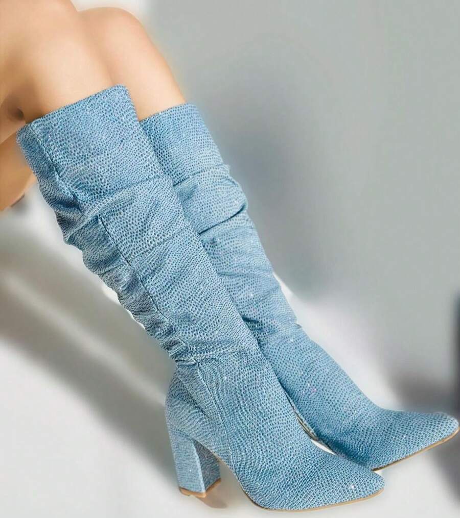 Nuevas botas altas de montar de tacón grueso con punta puntiaguda y cremallera lateral, versátiles para mujer, de moda europea y americana, para otoño/invierno colores únicos Cowboy Cremallera lateral comodas primavera,verano,otoño - Azul - Ver 1