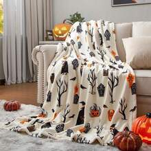 1pc Ghost & Witch Hat Printed Plush Blanket, Super Soft & Warm For Autumn, Suitable For Sofa, Halloween Harvest Gift And Home Decor - Multicolor - View 2