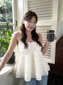 女士春季新品简约宽松优雅小众3D花卉无袖甜美吊带背心，夏季服装 - 杏色 - 查看 4