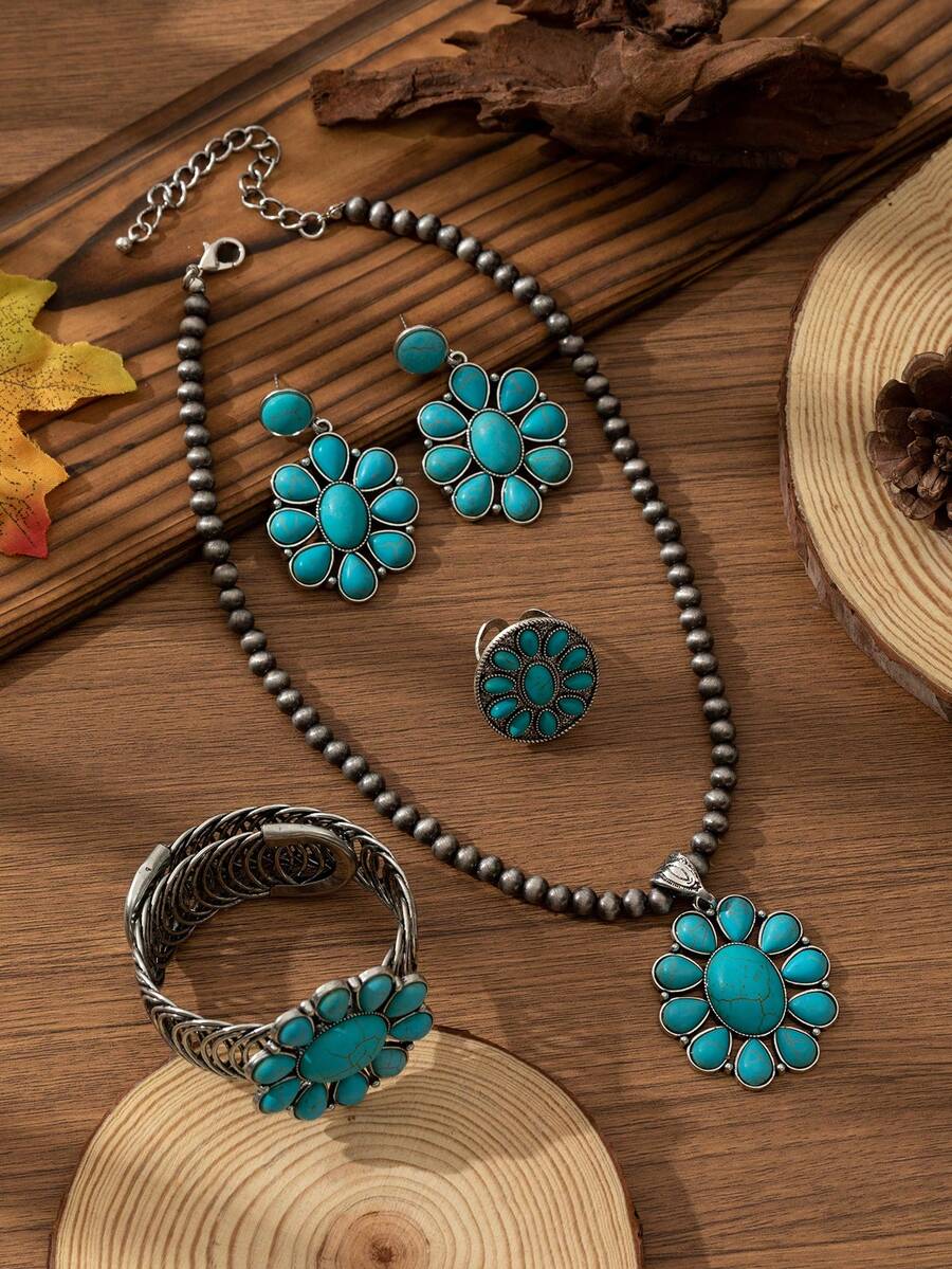 Conjunto de 4 piezas de collar, aretes, anillo y pulsera con estilo bohemio vintage, de aleación de zinc y turquesa en forma de gota de agua y flor, adecuado para atuendos, vacaciones y talla grande