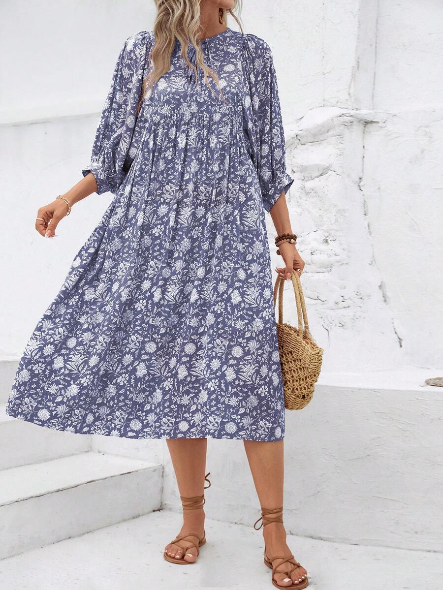全花卉印花扭领灯笼袖休闲夏季连衣裙，日常穿着