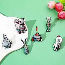 SPONGEBOB 海绵宝宝1/6件创意动漫海绵宝宝胸针套装创意浮游生物机器人珐琅别针背包服装首饰金属徽章配饰礼物