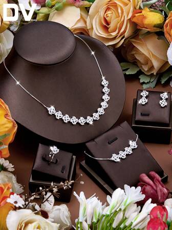 DV JEWELRY 5 件套奢华镀铂金方晶锆石项链、手链、耳环、开口戒指和珠宝套装，优雅新娘婚礼派对周年纪念礼物，带礼盒