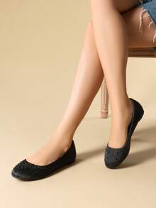 Women's Rhinestone Ballet Flats Glitter Slip-On Elegant Comfortable Round Toe Solid Color Valentines Party Wedding Shoes - Black - View 4