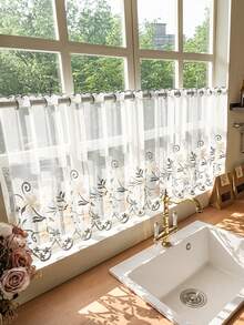 1pc Hang Rod Free Installation Floral Embroidered Half Short Curtain, Suitable For Bedroom, Kitchen, Living Room Home Divider - Multicolor - View 13