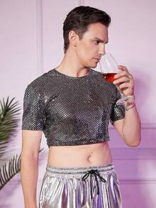 Men's Fishnet Mesh Tee Shirt Round Neck Short Sleeve Crop Top - 黑色固體 - 查看 3