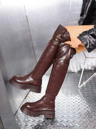 西部风格 Y2K 金属孔眼扣装饰厚底高筒靴，复古棕色皮革女式高筒靴