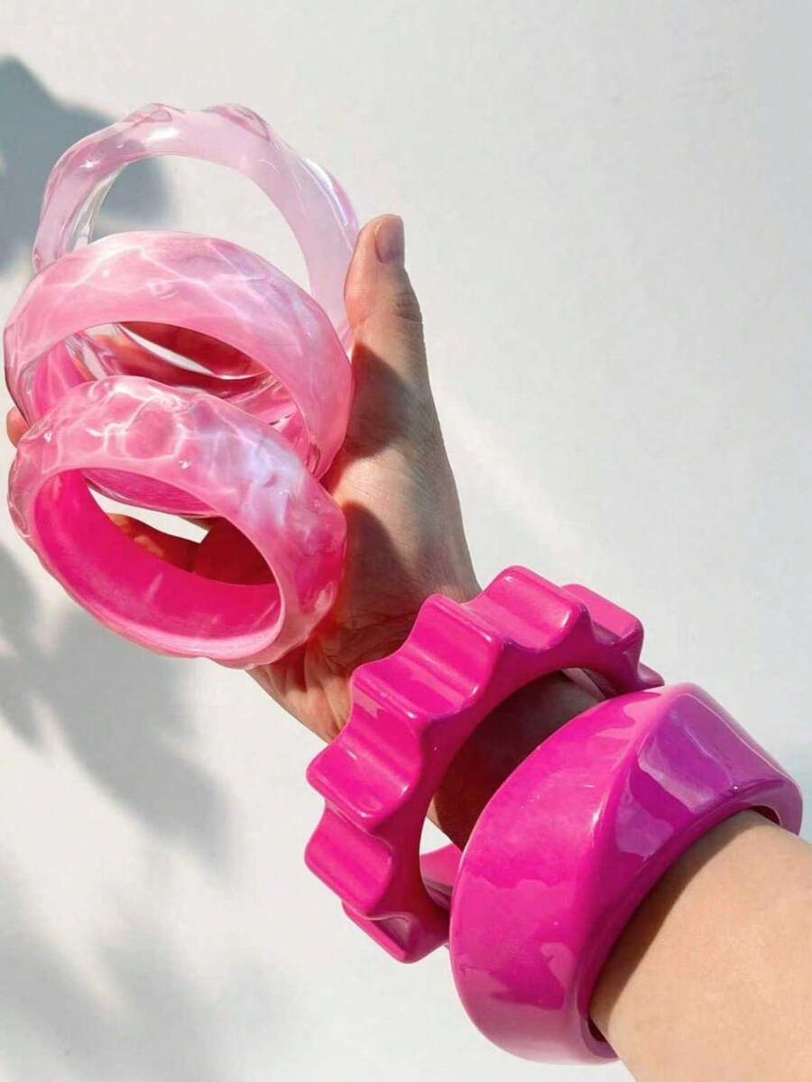 1件不对称圆形树脂手链，亮粉色不对称女士首饰，周年纪念礼物 - 彩色 - 查看 1