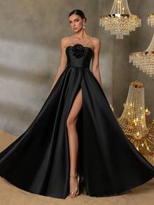 Faeriesty Style Elegant Luxury Stereo Flower Halter Neck Split Thigh Satin Prom Dress – Backless Tie-Belt Design For Weddings, Galas, And Cannes Parties Proms, Red-Carpet Events, And High-End Banquets​,Award Ceremonies