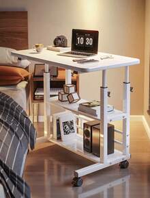 1pc Adjustable Height Sofa Side Table, Adjustable Bedside Table, 3 Tier Shelves Overbed Table With 360° Swivel Wheels 23.6-35.4in Height Adjustable Mobile Laptop Table Standing Rolling Bedside Table For Home Living Room Bedroom - 白色 - 查看 9