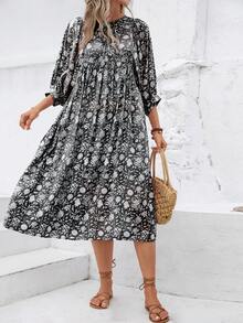 Allover Floral Print Smock Dress - Black - View 1