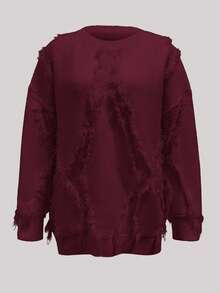 2026秋冬女款纯色圆领休闲优雅户外毛衣，适合约会、返校、情人节、邮轮度假等场合，百搭宽松针织衫，饰有流苏边。 - 酒紅色 - 查看 4