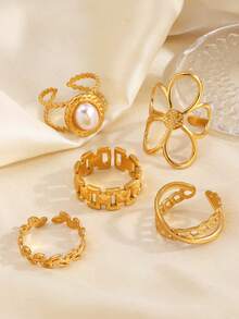 5pcs Stainless Steel 18K Gold Plated Fashionable Floral Oval Chain Open Rings, Suitable For Women's Daily Wear - Multicolor - View 6