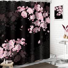 樱花浴帘，66x72 英寸，樱花花卉盛开的花朵春天日本亚洲美学面料防水涤纶浴室家居装饰套装带挂钩浴室装饰 - F-黑色 - 查看 4