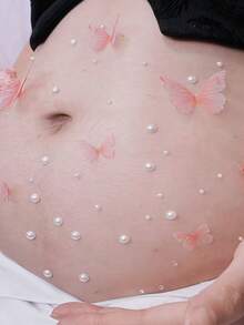 1/5 套孕妇肚皮贴纸，水晶贴纸，钻石派对照片，孕妇照，彩色珍珠心形 3D 装饰图案（蝴蝶套装）