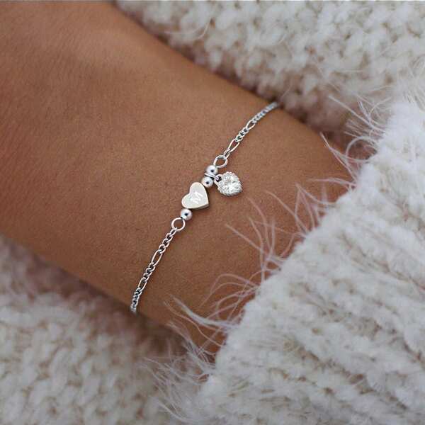 1pc Vintage Fashion Heart Letter Crystal Stainless Steel Necklace Bracelet, Women