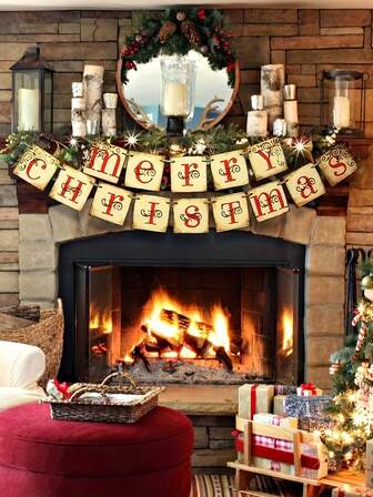 Decorative Merry Christmas Vintage Banners Durable Xmas Retro Nostalgic Style Bunting Hanging Xmas Tree Paper Decor For Garden Indoor Wall Fireplace Christmas Party Decoration