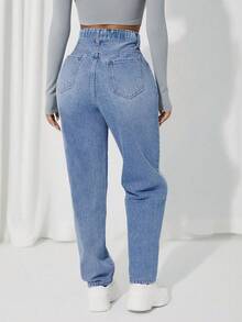 Quần jeans ống đứng cạp cao, lưng thun, kiểu dáng thường ngày, đã qua xử lý giặt, màu cà rốt. - Rửa nhẹ - Xem 7