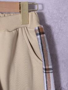 两件套男童格子连帽衫带口袋和运动裤套装，休闲百搭，适合秋冬季 - 卡其色 - 查看 6