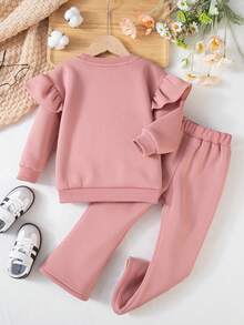 Set de 2 piezas de Top de manga larga de unicolor y pantalón largo, conjunto de sudadera y pantalón de chándal casual, forrado de felpa para otoño/invierno para niñas