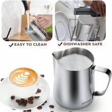 ~Milk Frothing Pitcher 16oz 480ml Milk Frother Cup Stainless Steel Steaming Pitcher Coffee Bar Cappuccino Espresso Machine Accessories Barista Tools Steamer Cup Milk Jug With Latte Art Pen - SilverMirror - View 5