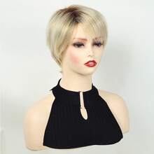 Synthetic Short Pixie Cut Straight Blonde Wig With Side Bangs For Women Daily Party Cosplay Fake Hair Heat Resistant