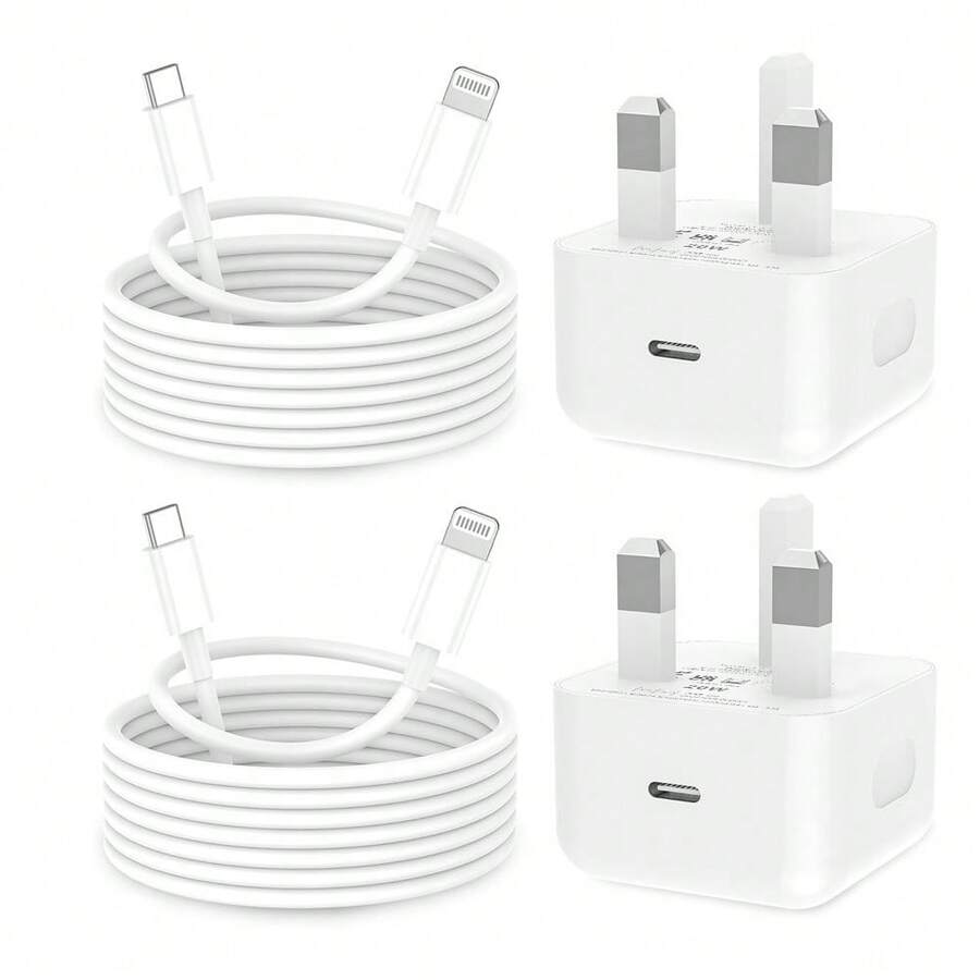 20W PD 快速充电器壁式适配器 + 3.3 英尺/100 厘米高效数据传输快速充电线，兼容 14 Pro Max/14 Pro/14 Plus/14/13/12/11/XS/XR/8/7/6、iPad 系列 - 英規插(220-240V) - 查看 1