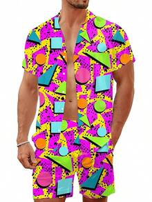 80s 90s Men's Hawaiian Outfits 2 Piece Shirt And Shorts Sets Button Down Beach Suits Disco Partyhalloween - Màu 4 - Xem 1