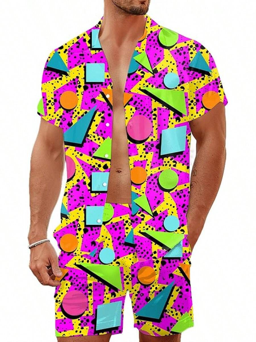 80s 90s Men's Hawaiian Outfits 2 Piece Shirt And Shorts Sets Button Down Beach Suits Disco Partyhalloween - Màu 4 - Xem 1