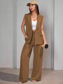 MODA MO, REF: AS-1347 Women's Casual Suit Vest | Elegant Tailored Set | Sophisticated Look | Women's 2-Piece Blazer | Refined Style | Versatile For Casual Or Formal Occasions | Size S, M, L | High Quality | Comfort And Style - 卡其色 - 查看 5