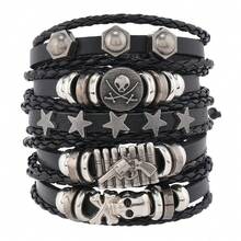 Set Of 5 Black Summer New Fashion Personalized DIY Leather Bracelets With Five-Pointed Star, Wings & Floral Design, Handmade Braided Vintage Style Leather Bracelet Set For Men And Women