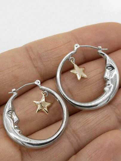 2pcs/Set Women Moon, Star & Human Geometric Hollow Hoop Earrings, Silver Metal Minimalist Style For Party & Holiday