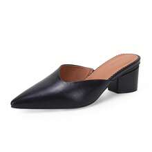 Women's Pointed Toe V Cut Mules Chunky Block Heel Slip On Office Dress Shoes - màu đen - Xem 1
