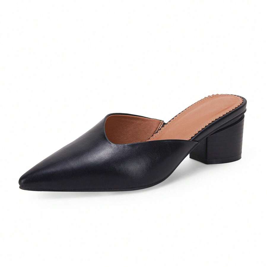 Women's Pointed Toe V Cut Mules Chunky Block Heel Slip On Office Dress Shoes - màu đen - Xem 1