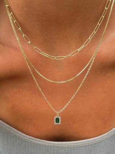 3 件套简约链条项链套装，配立方氧化锆吊坠，多层回形针式女士项链，适合夏季假日配饰（扣环数量随机）